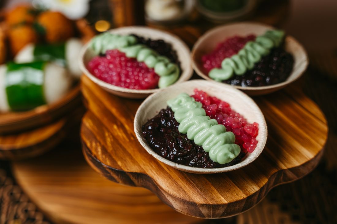 Traditional Indonesian kue in a rattan basket